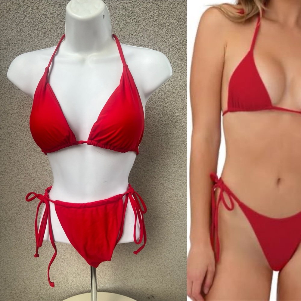 Red bikini swimwear 2 piece ties top pads Sz L/XL New.